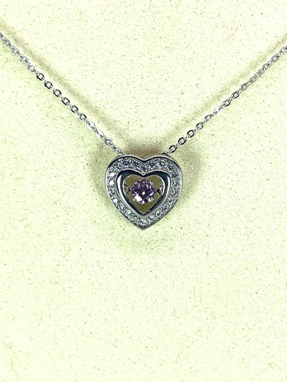Dainty Moving Dancing Stone Heart Necklace, Amethyst Austrian Crystals, 17.5" - Picture 3 of 3